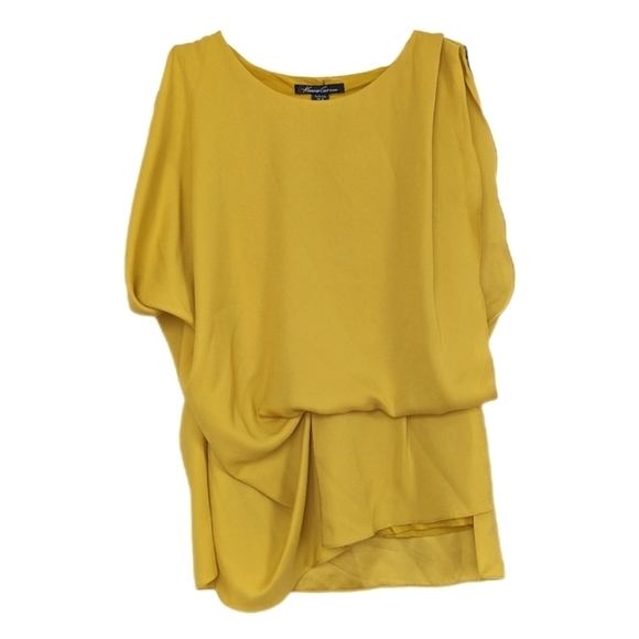 Kenneth Cole Draped Asymmetrical Blouse Sleeveless Scoop Neck Lined Mustard sz S - Picture 1 of 11